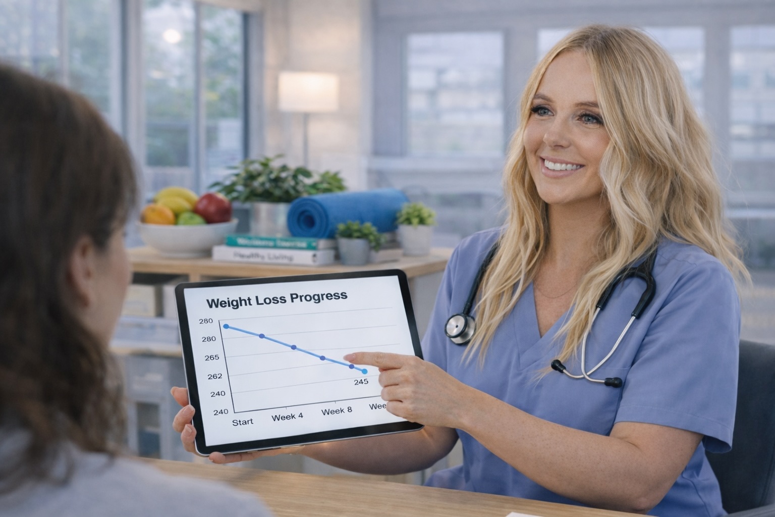 Ally holding a tablet with a weight loss chart with a patient.
