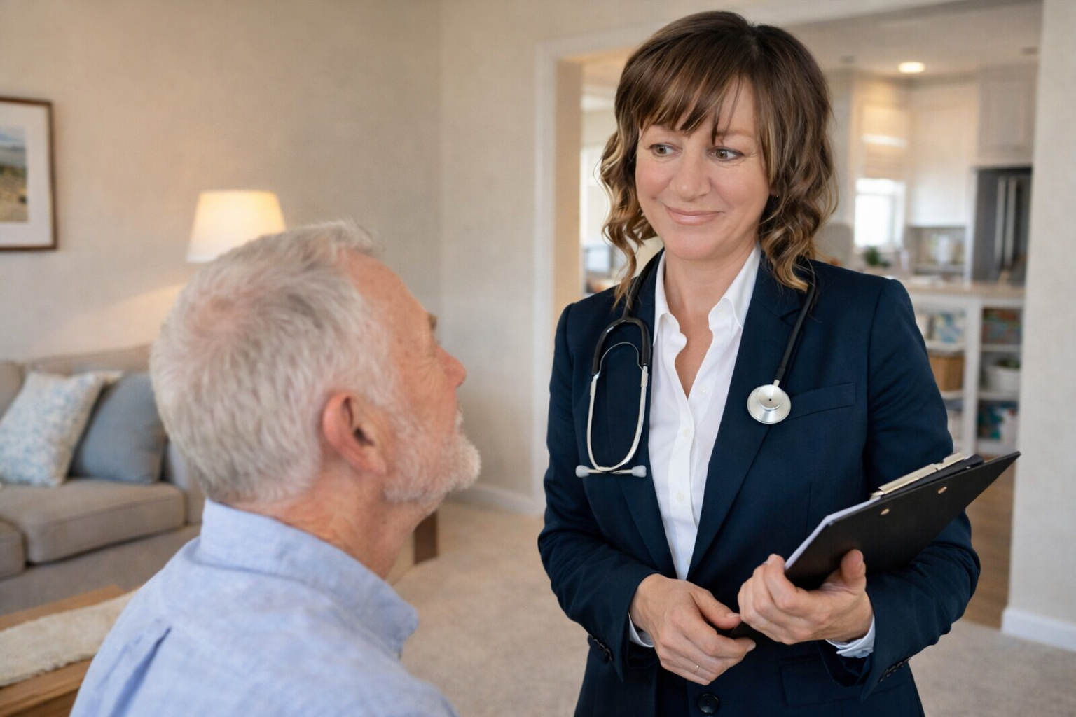Brenda talking with an older male patient in his home.