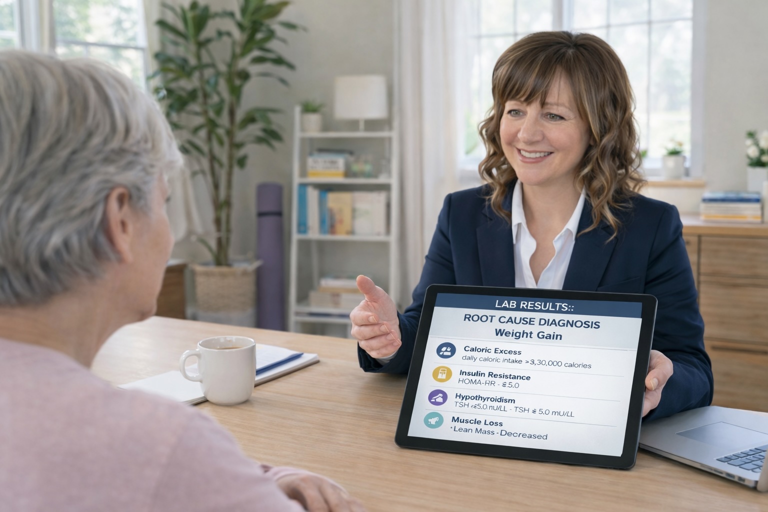 Brenda McIntosh holding up an iPad and speaking to a client about weight-loss options.